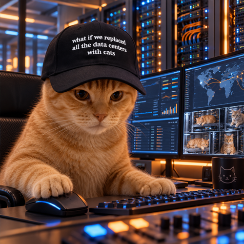 CatWifCap at the dual-monitor ops desk