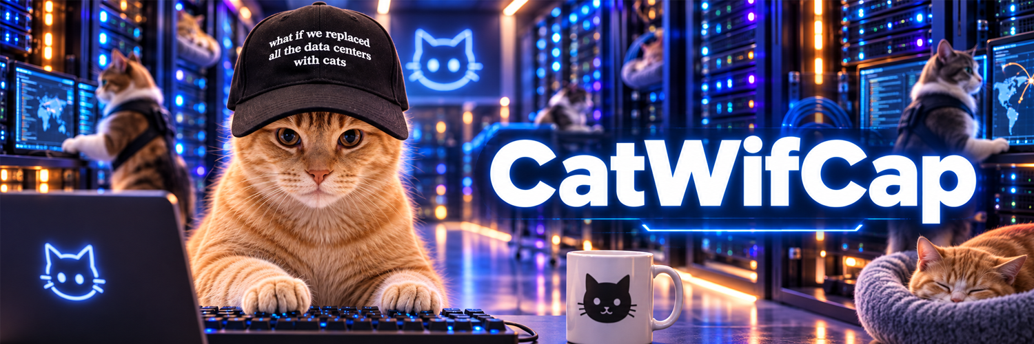CatWifCap banner — the orange tabby running the data center